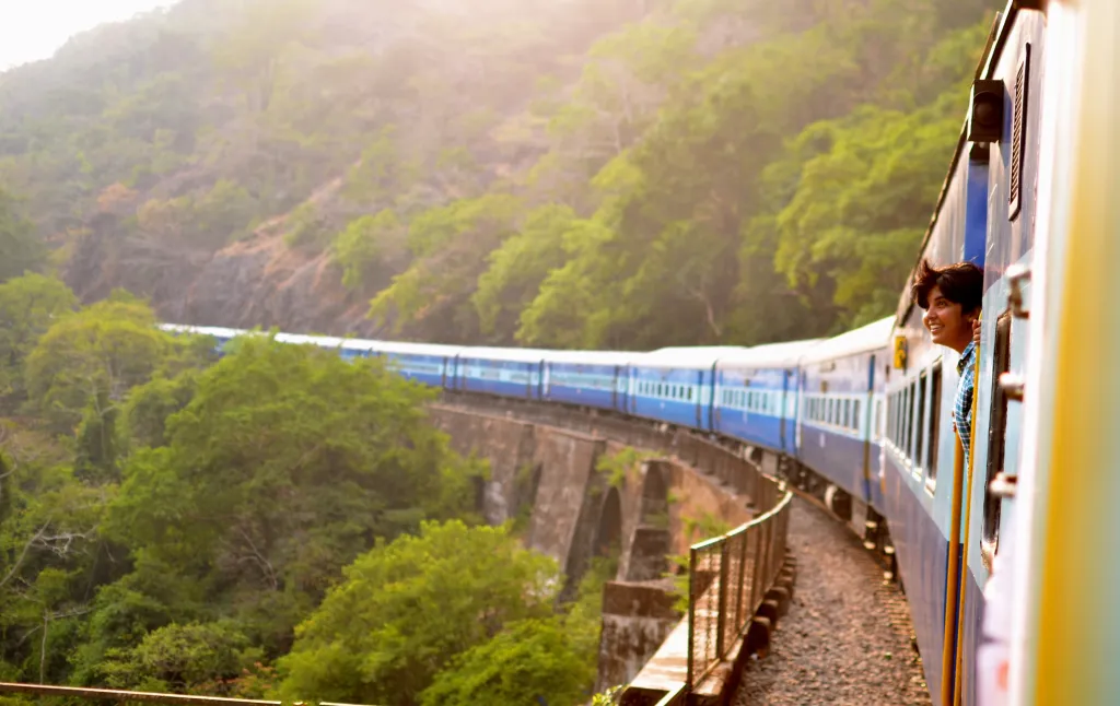 Student looking out train